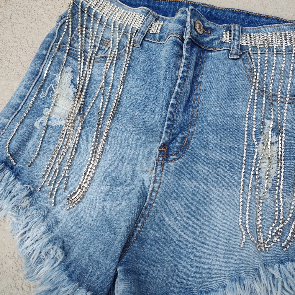 High waisted distressed rhinestone fringe jean shorts - Picture 15 of 16